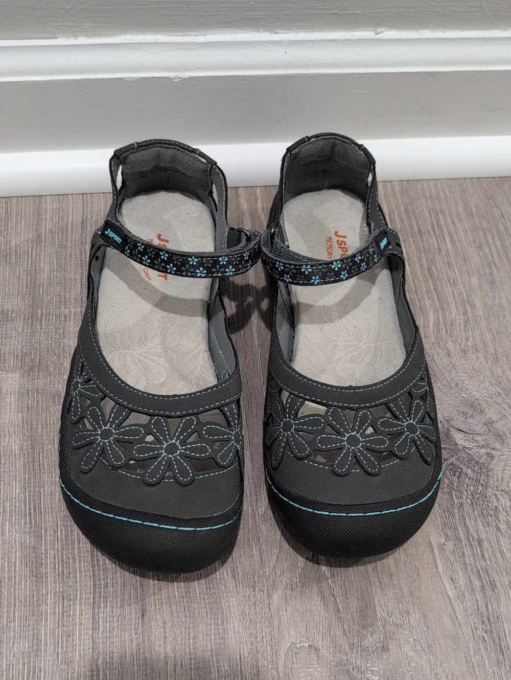 Jambu JSport Peony Wildflower Dark Gray Mary Jane Shoes with Light Blue Accents